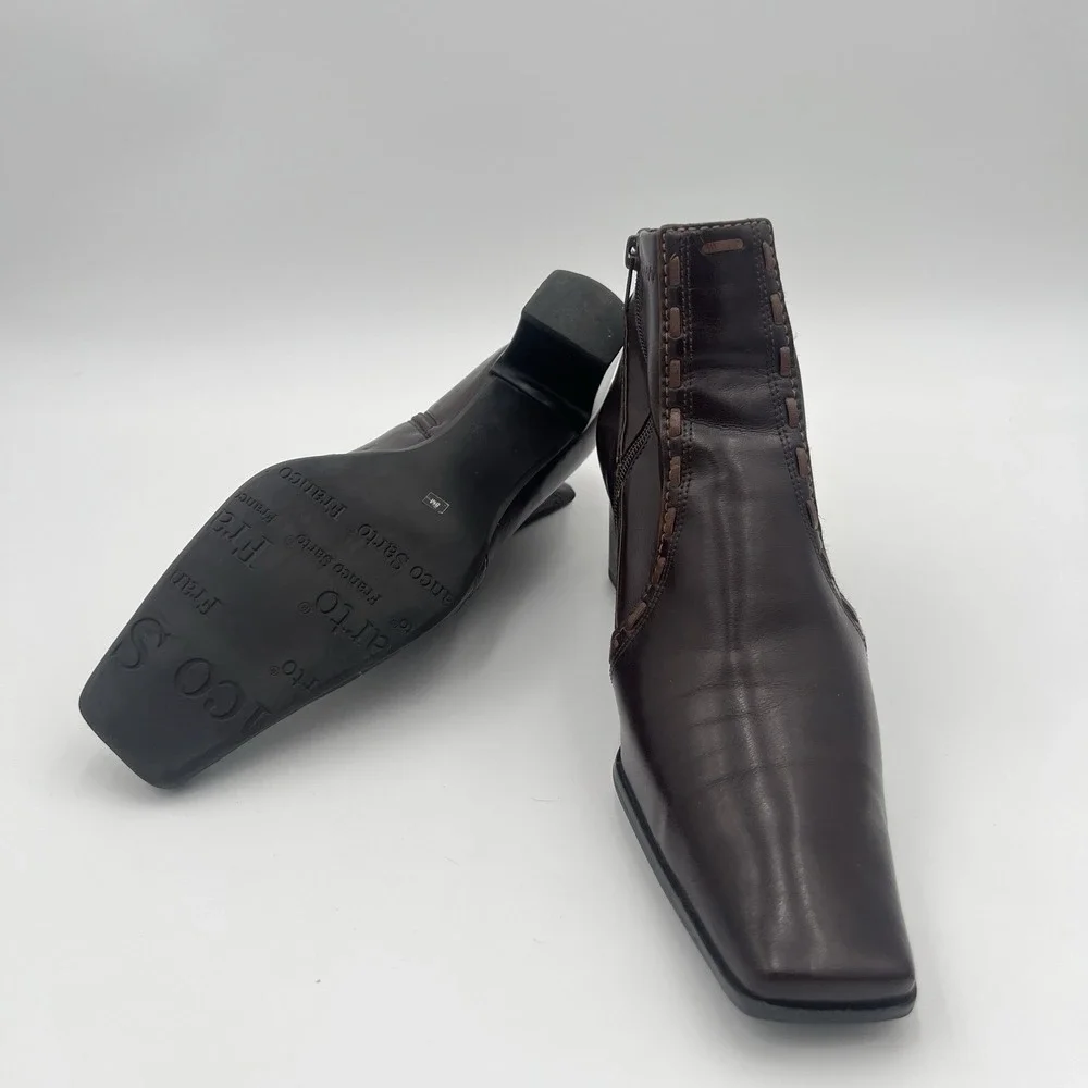 Franco Sarto Brown Leather Ankle Boots Block Heel Side Zip Women's 8M